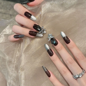 Handmade Cat Eye Gradient Press On Nails Dark Cyberpunk Style Rhinestone Butterfly Long Oval Fake Nails For Women Jewelry