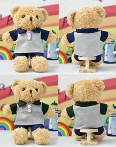 Detailed front and back views of a teddy bear plush toy in two casual polo outfits