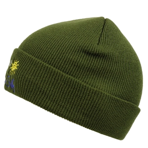 Olive green ribbed knit beanie for men and women featuring a sun embroidery detail