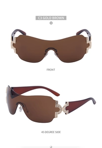 Front and 45-degree side view of Y2K rimless sunglasses with gold frame and rhinestones