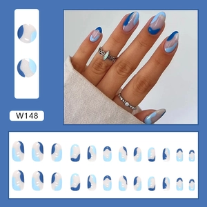 Blue sea salt ripple press-on nails with natural base and long round tips, 24pcs set