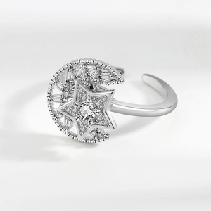 Rotating star and moon silver open ring with sparkling cubic zirconia stones