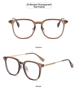 Detailed front and 45-degree side view of transparent brown square glasses with gold metal arms