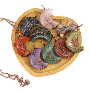 Handmade wire wrapped moon pendant necklace with natural gemstones and tree of life design