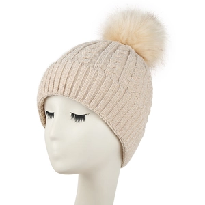 Women's Cable Knit Beanie Hat Thickened Winter Warm Acrylic Skull Cap With Pom Pom Fashion Solid Color
