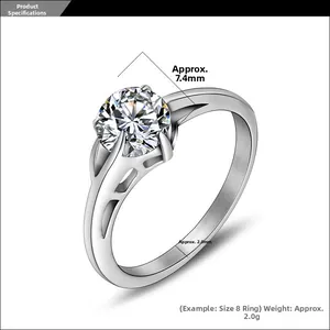 Macro detail showing six-prong solitaire ring with 7.4mm stone and 2mm band