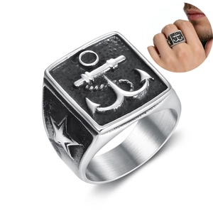 Anchor Signet Ring For Men Stainless Steel Nautical Vintage Punk Retro Style Polished Gothic Pirate Jewelry