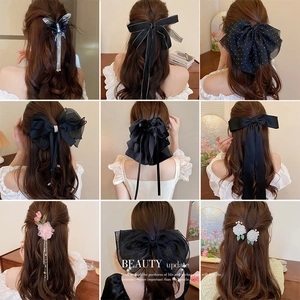 French Mesh Bow Hair Clip With Artificial Pearl Tassel Ribbon Elegant Spring Clip Sweet Princess Style Headwear Accessory For Women