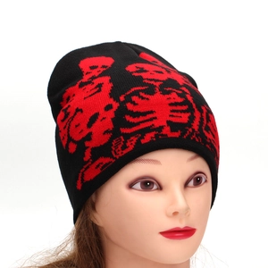 Black knit beanie with red skull and crossbones embroidery for men and women