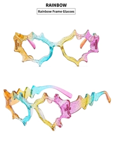 Macro shot of Y2K rainbow gradient wavy frame glasses with glitter detail and clear lenses