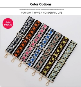 Detailed view of colorful ethnic geometric woven replacement straps with gold buckles