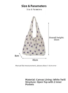 Detailed dimension guide for floral canvas tote bag showing 45x8x55cm size and pockets
