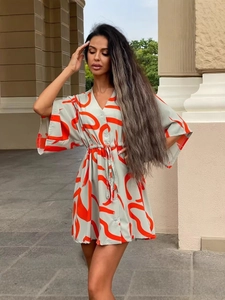 Robe Chemise Mini Pour Femmes Avec Col En V Manches Courtes Imprimé Géométrique Taille À Cordon Style Vacances Décontracté