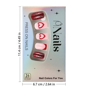 Short glossy press-on nails set with red glitter and heart patterns in silver gift box