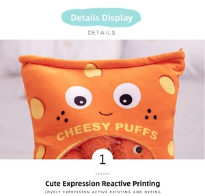 Detail showing Cheesy Puffs plush bag with cute face and small toy balls inside