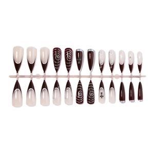 Gothic dark red and nude press-on nails with silver metallic swirls and cross designs