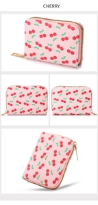 Detailed views of a pink women's zipper wallet with cute cherry print patterns