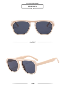 Detailed views of beige oversized sunglasses with black lenses from front and side angles