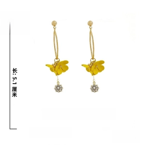 Detailed specs of yellow floral drop earrings with 925 silver needles and crystal accents
