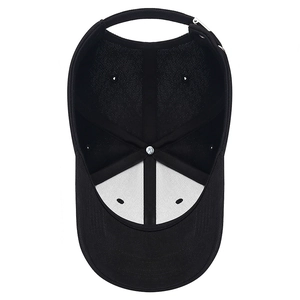 Internal view of black baseball cap showing six-panel structure and adjustable buckle strap