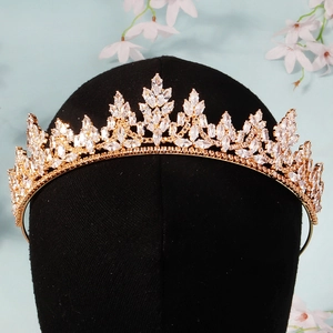 Detailed view of luxury bridal tiara with marquise-cut zircons on a gold-plated base