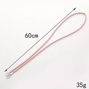 Pink leather phone strap with silver lobster clasp 60cm long on white background