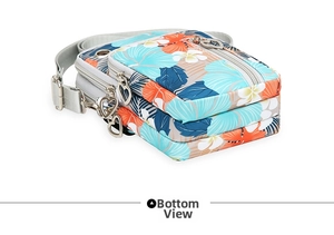 Bottom view showing triple layer zipper structure of floral oxford crossbody phone bag