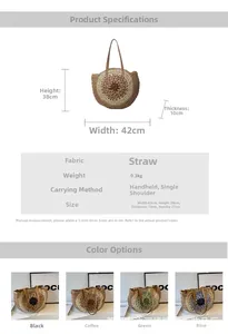 Detailed spec view of large paper rope hollow straw shoulder bag in four colors