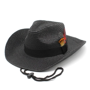 Western black straw cowboy hat with 9cm wide brim and colorful feather decoration