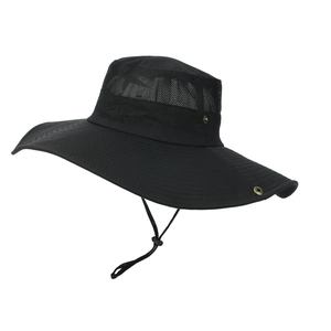 Detail of black outdoor sun hat featuring breathable mesh crown and adjustable chin strap