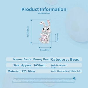 Détail de la perle lapin de Pâques en argent 925 avec pierre cœur rose et dimensions