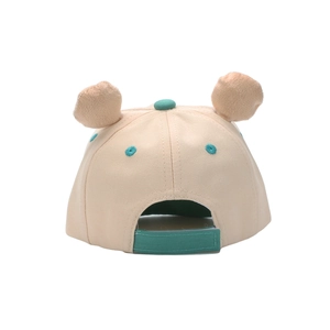 Beige baby baseball cap with cute bear ears and green adjustable back strap