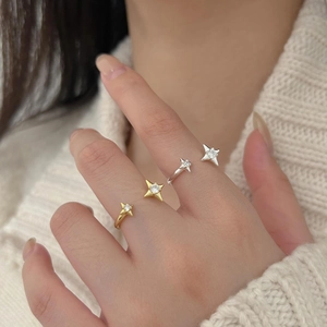Elegant 925 sterling silver star ring with zircon stone inlay and adjustable open band