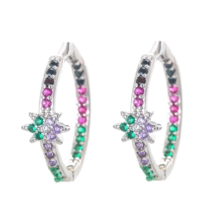 Silver star hoop earrings with colorful zircon stones including red, green, and purple gems