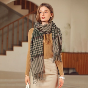 Soft checked plaid cashmere feel scarf with fringe tassel for women in autumn winter