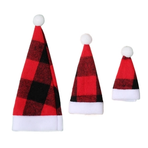 Set of three red and black plaid Christmas mini hats for cutlery and bottle decor