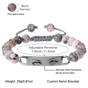 Custom stainless steel plaque bracelet with pink zebra jasper beads and adjustable cord