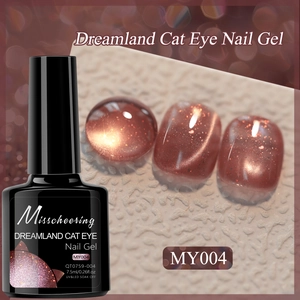 Close-up of MY004 cat eye nail polish with pink gold magnetic shimmer in 7.5ml bottle