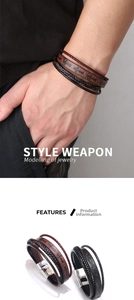 Detail of men's leather cross bracelet featuring magnetic buckle and woven multi-layer straps