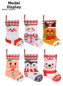 Close-up of 6 Christmas stockings set with cartoon Santa, snowman, and reindeer motifs