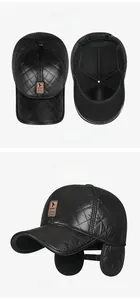 Close-up of quilted winter baseball cap featuring fold-down ear flaps and warm lining