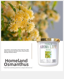Detail of THALO AROMA LIFE Osmanthus scented candle in frosted white glass and gold lid