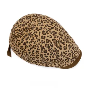Top view of vintage leopard print flat cap with high-quality canvas fabric and texture