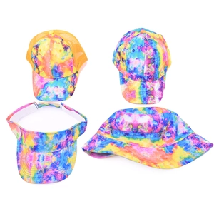 Buntes Batik-Set mit Trucker Cap, Baseballkappe, Sonnenvisier und Anglerhut für den Außenbereich