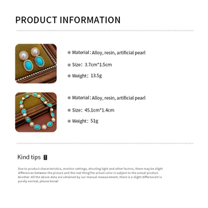 Detailed product information infographic for vintage pearl necklace and earring jewelry set