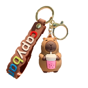 Cute Capybara keychain with brown rubber charm and pink milk tea cup accessory