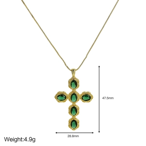 Golden cross necklace with green zircon stones, measures 47.5mm by 28.8mm, weighing 4.9g