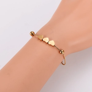 Minimalist gold stainless steel bracelet with three heart charms on square link chain