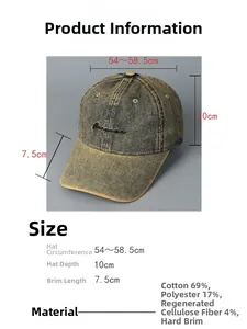 Detailed size chart for washed denim baseball cap with brim and depth measurements