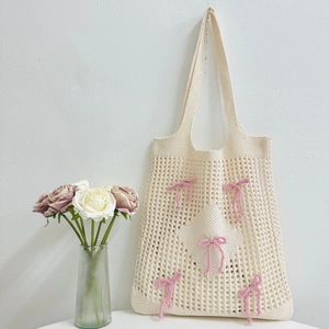 Hollow Out Knitted Crochet Shoulder Bag With Bowknot Decor Polyester Large Capacity Tote Purse For Women